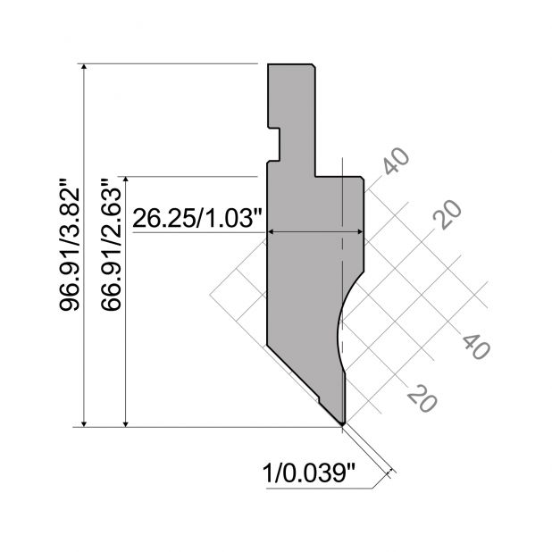 Punch R1 European type A Series with Working height=66,91mm, α=88°, Radius=0,2mm, Material=C45, Max. load=10