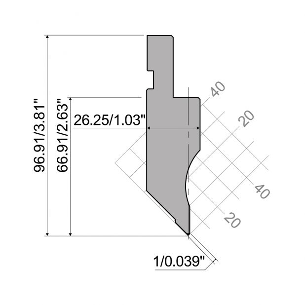 Punch R1 European type A Series with Working height=94,91mm, α=88°, Radius=0,2mm, Material=C45, Max. load=80