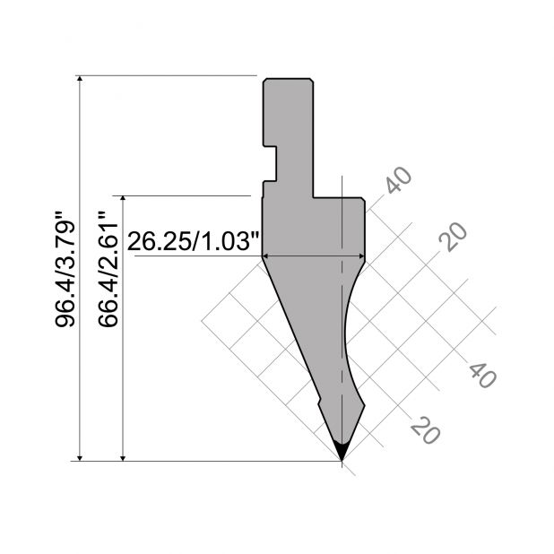 Punch R1 European type A Series with Working height=66,4mm, α=45°, Radius=0,37mm, Material=C45, Max. load=60