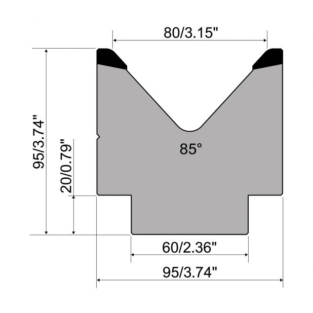 1-V die R1 European type A Series with total height=95mm, α=85°, Radius=6mm, Material=C45, Max. load=700kN/m