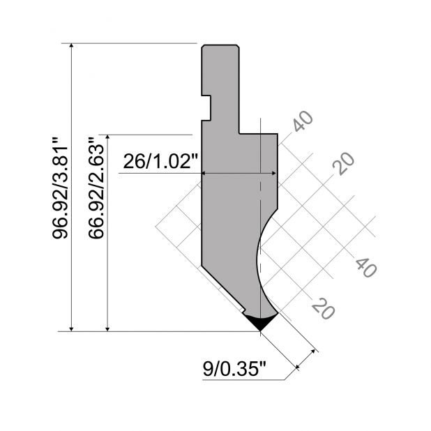 Punch R1 European type A Series with Working height=66,92mm, α=90°, Radius=0,2mm, Material=C45, Max. load=10