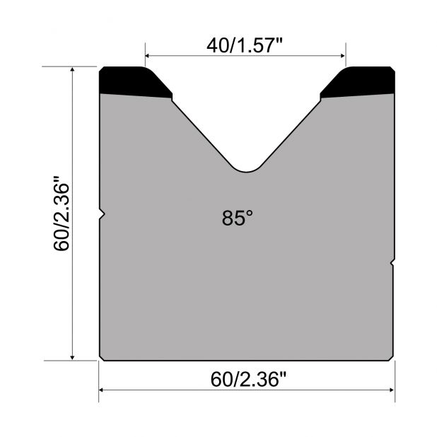 1-V die R1 European type A Series with total height=60mm, α=85°, Radius=4mm, Material=C45, Max. load=1000kN/