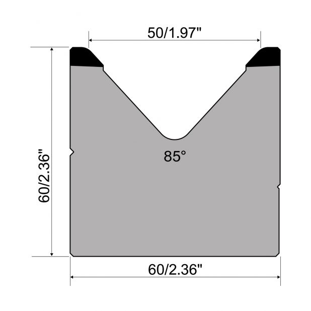 1-V die R1 European type A Series with total height=60mm, α=85°, Radius=4mm, Material=C45, Max. load=1000kN/