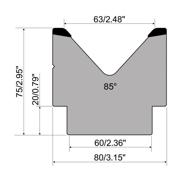 1-V die R1 European type A Series with total height=75mm, α=85°, Radius=5mm, Material=C45, Max. load=1000kN/