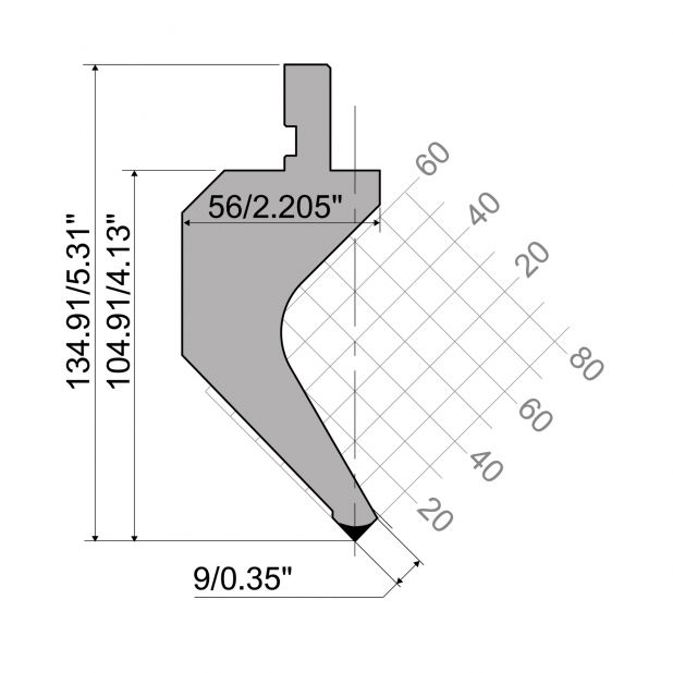 Punch R1 European type A Series with Working height=104,91mm, α=90°, Radius=0,2mm, Material=42Cr, Max. load=