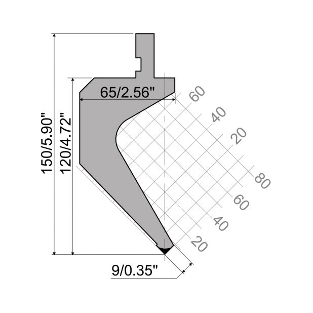 Punch R1 European type A Series with Working height=120mm, α=90°, Radius=0,2mm, Material=42Cr, Max. load=500