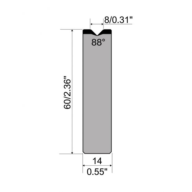 1-V die R1 European type A Series with total height=60mm, α=88°, Radius=1,5mm, Material=C45,