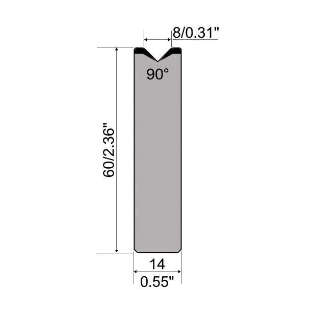 1-V die R1 European type A Series with total height=60mm, α=90°, Radius=1,5mm, Material=C45,