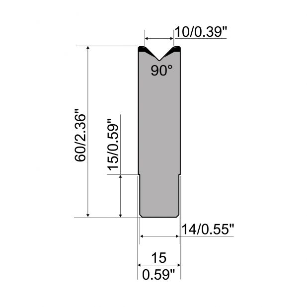 1-V die R1 European type A Series with total height=60mm, α=90°, Radius=1,5mm, Material=C45,