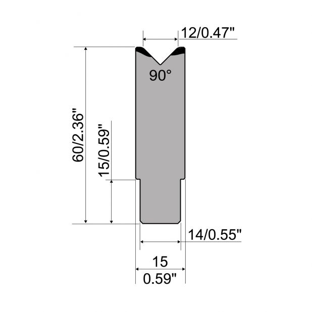 1-V die R1 European type A Series with total height=60mm, α=90°, Radius=1,5mm, Material=C45,