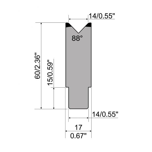 1-V die R1 European type A Series with total height=60mm, α=88°, Radius=2,5mm, Material=C45,