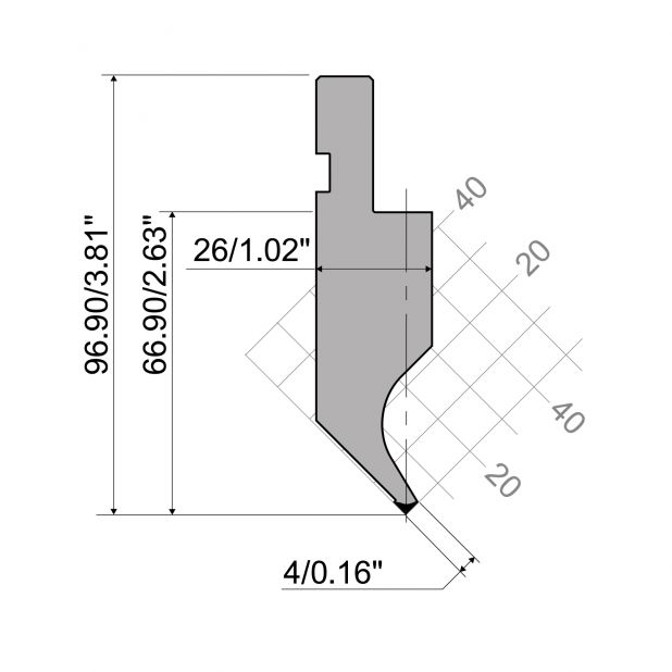 Punch R1 European type A Series with Working height=66,9mm, α=90°, Radius=0,2mm, Material=42Cr, Max. load=20