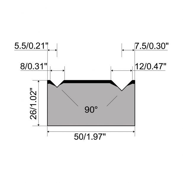 2-V die R1 European type A Series with total height=26mm, α=90°, Radius=0.5/0.8mm, Material=C45, Max. load=8