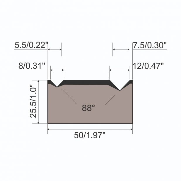 2-V die R1 European type A Series with total height=25,5mm, α=88°, Radius=0.5/0.8mm, Material=C45, Max. load