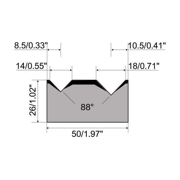 2-V die R1 European type A Series with total height=26mm, α=88°, Radius=0,5mm, Material=C45, Max. load=1000k