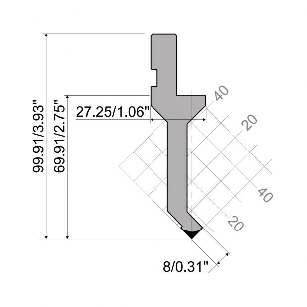 Punch R1 European type A Series with Working height=69,91mm, α=90°, Radius=0,2mm, Material=42Cr, Max. load=3