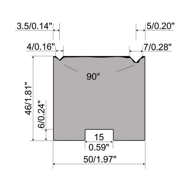 Self centering 2-V die R1 European type A Series with total height=46mm, α=90°, Radius=0,4mm, Material=C45,