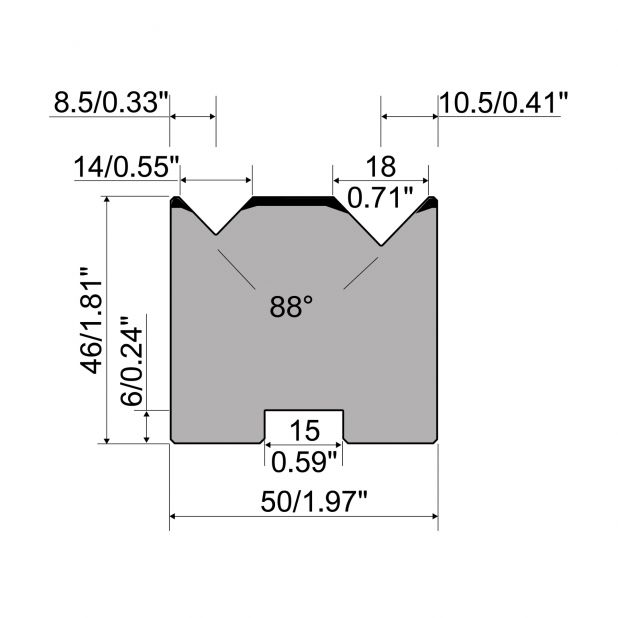 Self centering 2-V die R1 European type A Series with total height=46mm, α=88°, Radius=0,5mm, Material=C45,