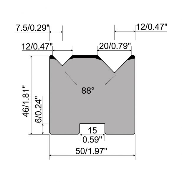 Self centering 2-V die R1 European type A Series with total height=46mm, α=88°, Radius=0,5mm, Material=C45,