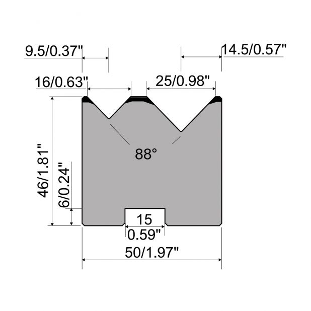 Self centering 2-V die R1 European type A Series with total height=46mm, α=88°, Radius=0,8mm, Material=C45,