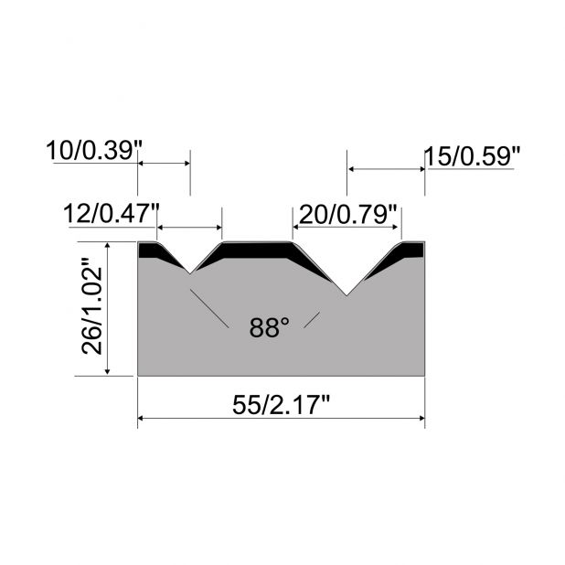 2-V die R1 European type A Series with total height=26mm, α=88°, Radius=3.0/4mm, Material=C45, Max. load=100