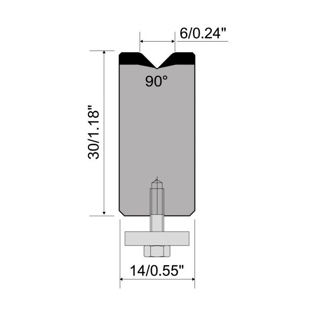 1-V die R1 European type A Series with total height=30mm, α=90°, Radius=1,5mm, Material=C45,