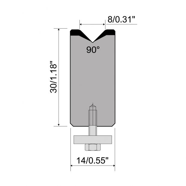 1-V die R1 European type A Series with total height=30mm, α=90°, Radius=1,5mm, Material=C45,