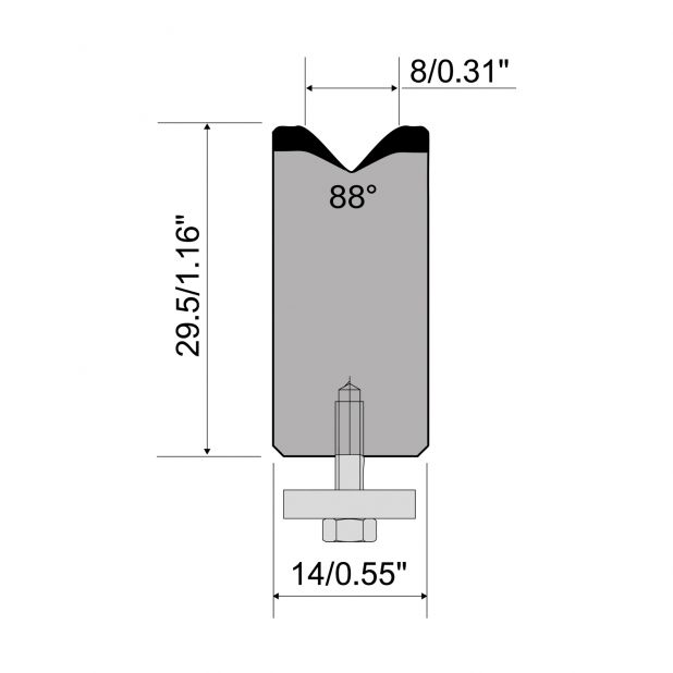 1-V die R1 European type A Series with total height=30mm, α=88°, Radius=1,5mm, Material=C45,