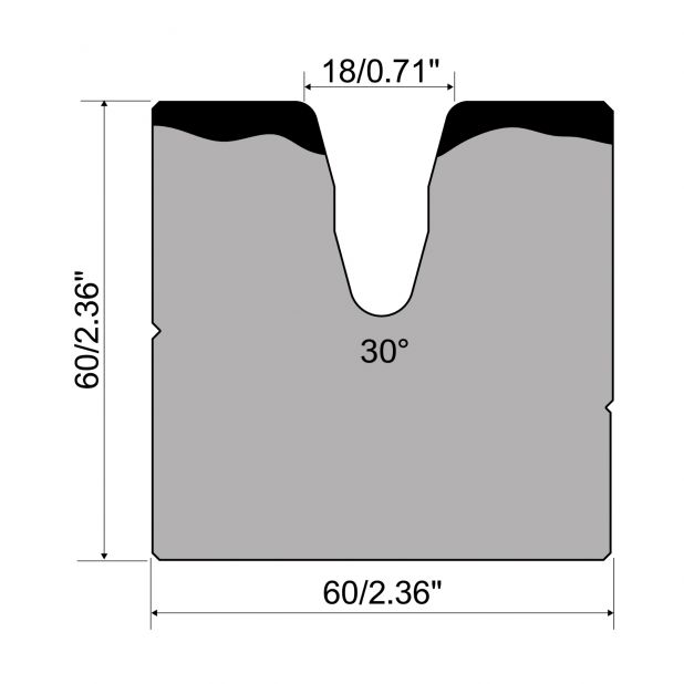 1-V die R1 European type A Series with total height=60mm, α=30°, Radius=3mm, Material=C45, Max. load=800kN/m