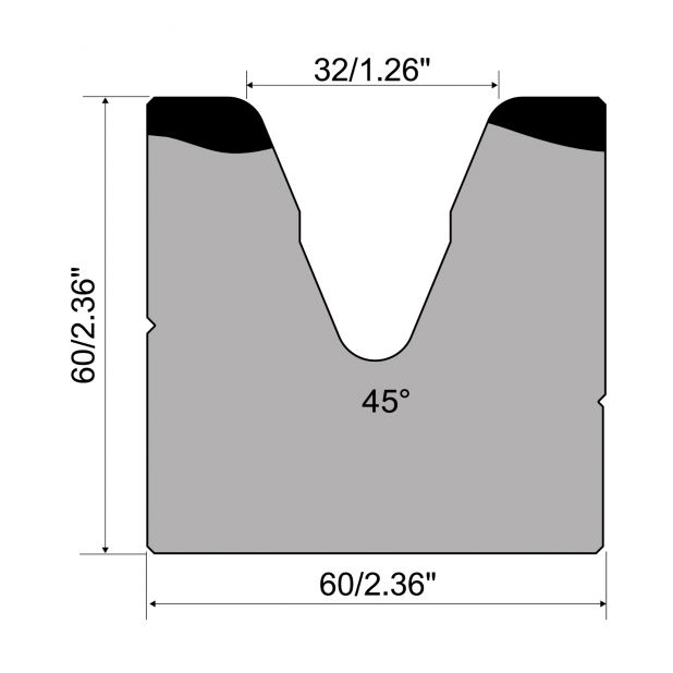 1-V die R1 European type A Series with total height=60mm, α=45°, Radius=5mm, Material=C45, Max. load=400kN/m