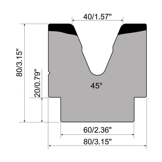 1-V die R1 European type A Series with total height=80mm, α=45°, Radius=5mm, Material=C45, Max. load=700kN/m