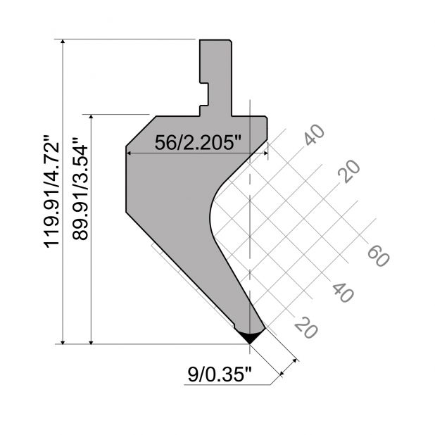 Punch R1 European type A Series with Working height=89,91mm, α=90°, Radius=0,2mm, Material=42Cr, Max. load=7