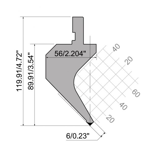 Punch R1 European type A Series with Working height=89,91mm, α=88°, Radius=0,2mm, Material=42Cr, Max. load=5