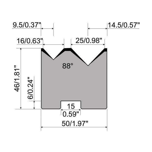 Self centering 2-V die R1 European type with height=46mm, α=88°, Radius=1.25/1.5mm, Material=C45, Max. load=