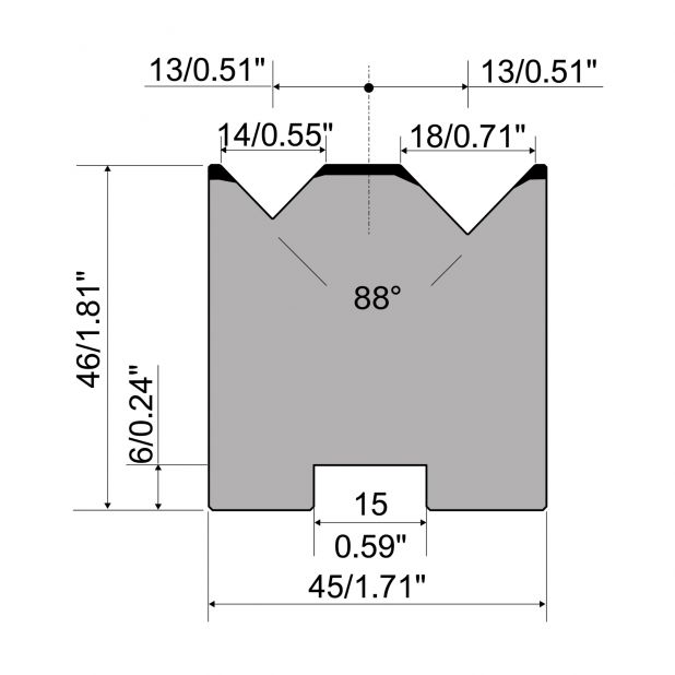 Self centering 2-V die R1 European type A Series with total height=46mm, α=88°, Radius=0,5mm, Material=C45,