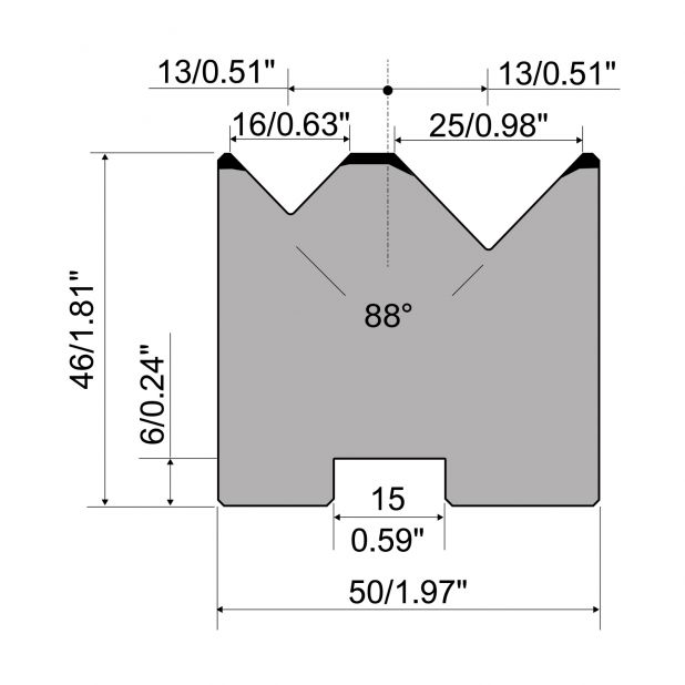 Self centering 2-V die R1 European type A Series with total height=46mm, α=88°, Radius=0,8mm, Material=C45,