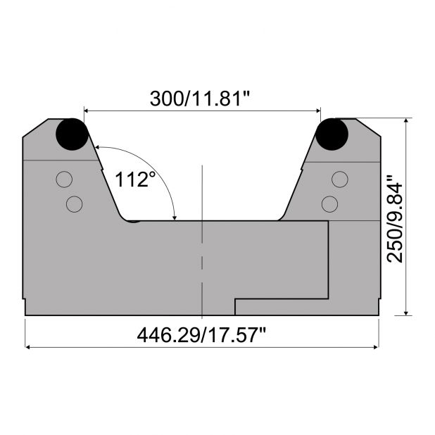 Adjustable die with V min. 120 mm and V max. 300 mm. Radius = 20 mm. Max. Load 4000 kN/m at 90°