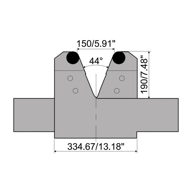 Adjustable die with V min. 150 mm and V max. 400 mm. Radius = 25 mm. max. Load 6000 kN/m at 90°