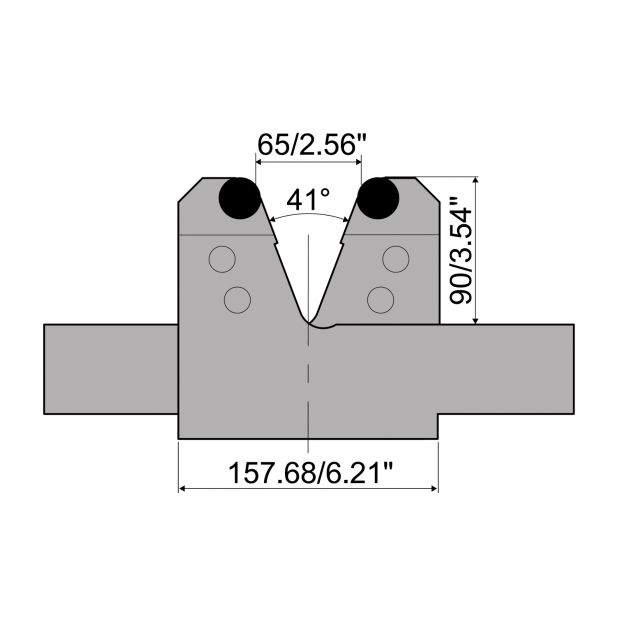 Adjustable die with V min. 65 mm eand V max. 185 mm. Radius = 12.5 mm. Max. Load 2000 kN/m a 90°