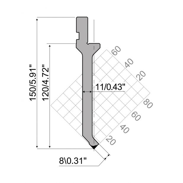 Punch R1 European type CFH Series with Working height=120mm, α=86°, Radius=0,65mm, Material=42Cr, Max. load=