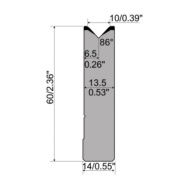 Die R1 CFH serie with working height=mm, α=86°, Radius=2mm, Material=42cr, Max. load=1000kN/m.