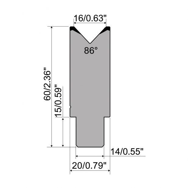 Die R1 CFH serie with working height=mm, α=86°, Radius=2,5mm, Material=42cr, Max. load=1000kN/m.