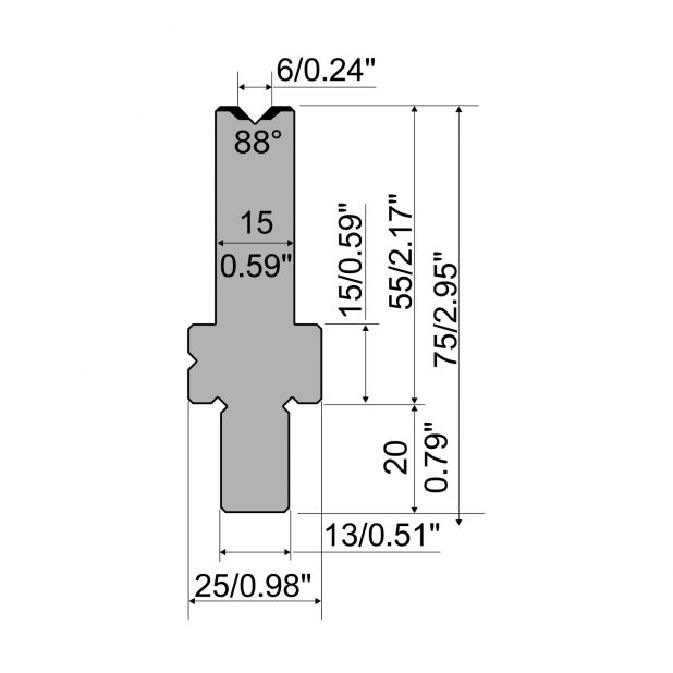 Die R2 type with Working height=55mm, α=88°, Radius=0,4mm, Material=42Cr, Max. load=1150kN/m.