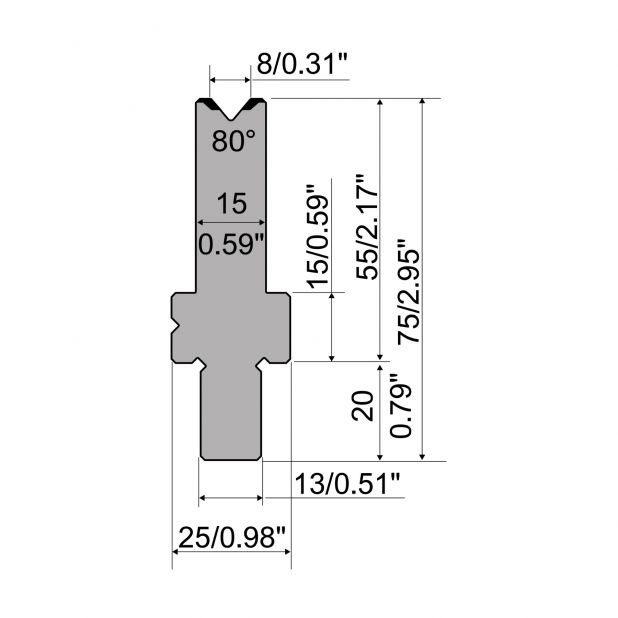 Die R2 type with Working height=55mm, α=80°, Radius=0,5mm, Material=42Cr, Max. load=1100kN/m.