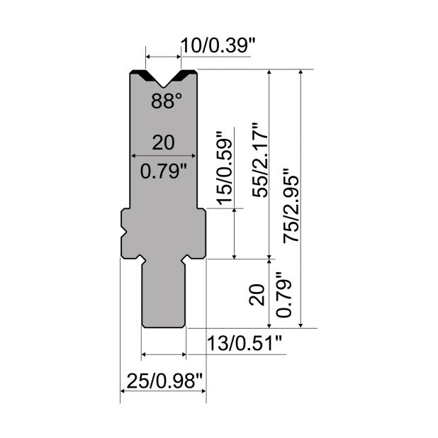 Die R2 type with Working height=55mm, α=88°, Radius=1mm, Material=42Cr, Max. load=1100kN/m.