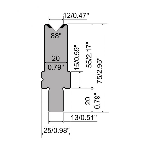 Die R2 type with Working height=55mm, α=88°, Radius=1,5mm, Material=42Cr, Max. load=1200kN/m.