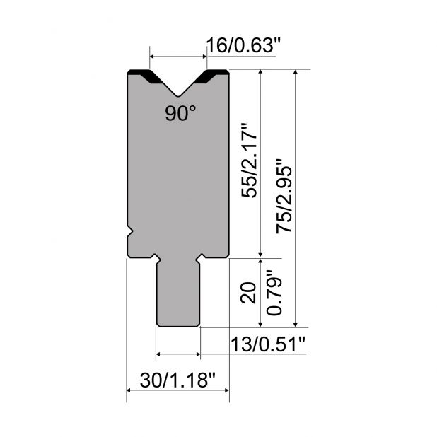 Die R2 type with Working height=55mm, α=90°, Radius=2mm, Material=42Cr, Max. load=1200kN/m.