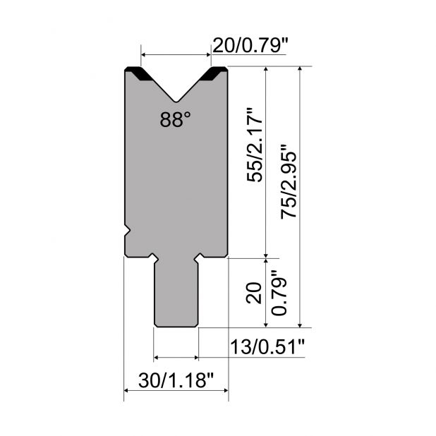 Die R2 type with Working height=55mm, α=88°, Radius=2mm, Material=42Cr, Max. load=1100kN/m.