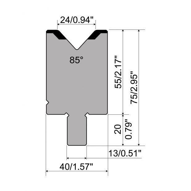 Die R2 type with Working height=55mm, α=85°, Radius=3mm, Material=42Cr, Max. load=1200kN/m.