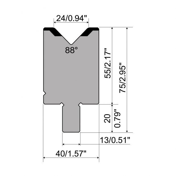 Die R2 type with Working height=55mm, α=88°, Radius=3mm, Material=42Cr, Max. load=1200kN/m.